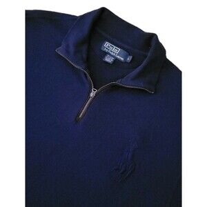 Polo Ralph Lauren 1/4 Zip Sweater Mens L Blue w Elbow Patches Blue Big Pony